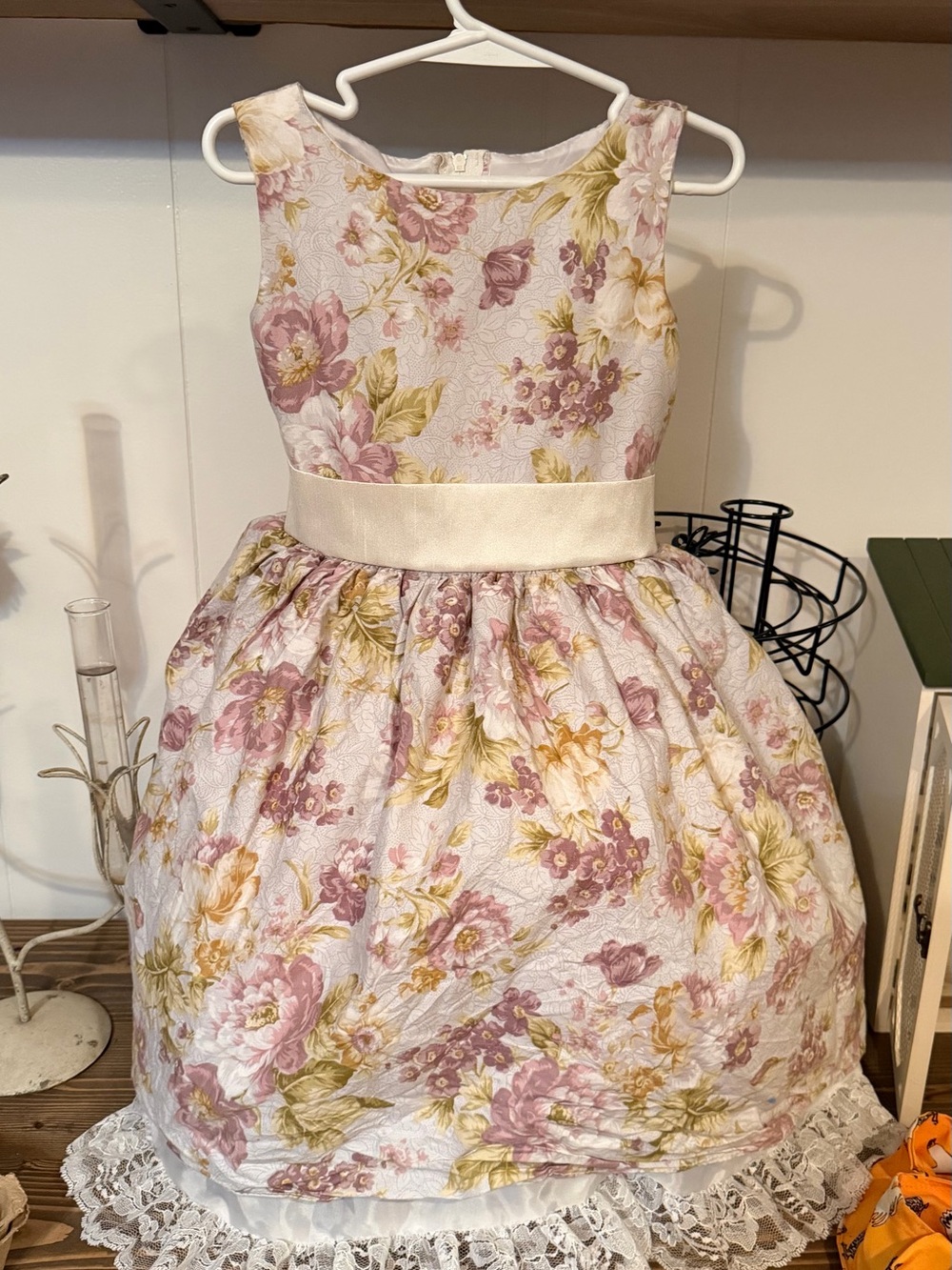 Sweet Pea Floral Lace-Trim Party Dress in Dusty Pink and Cream